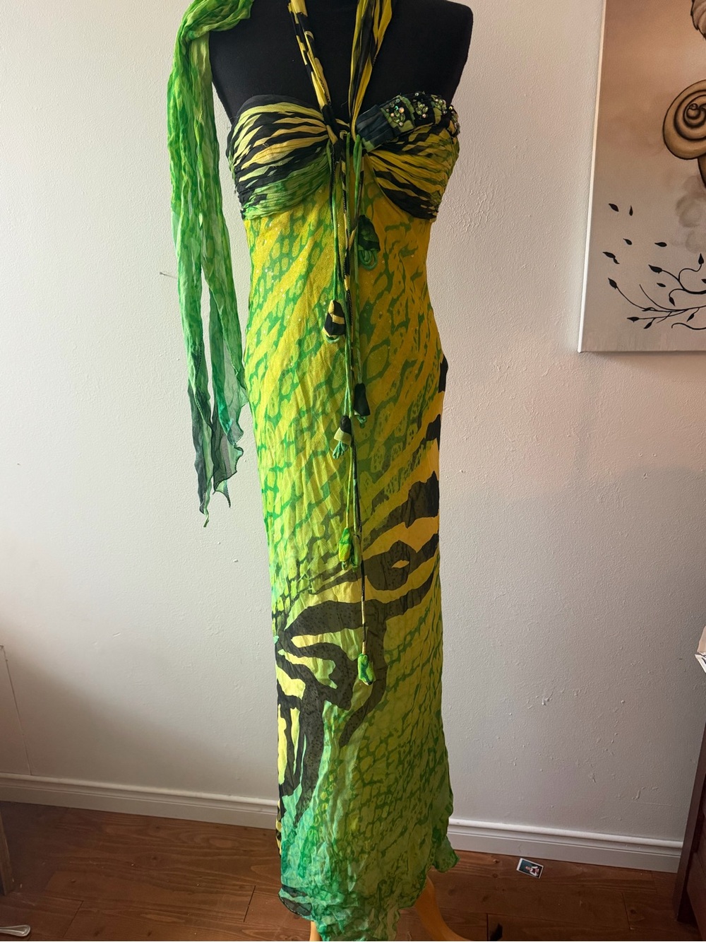 Pure Silk Green Printed Strapless Maxi Dress with Scarf